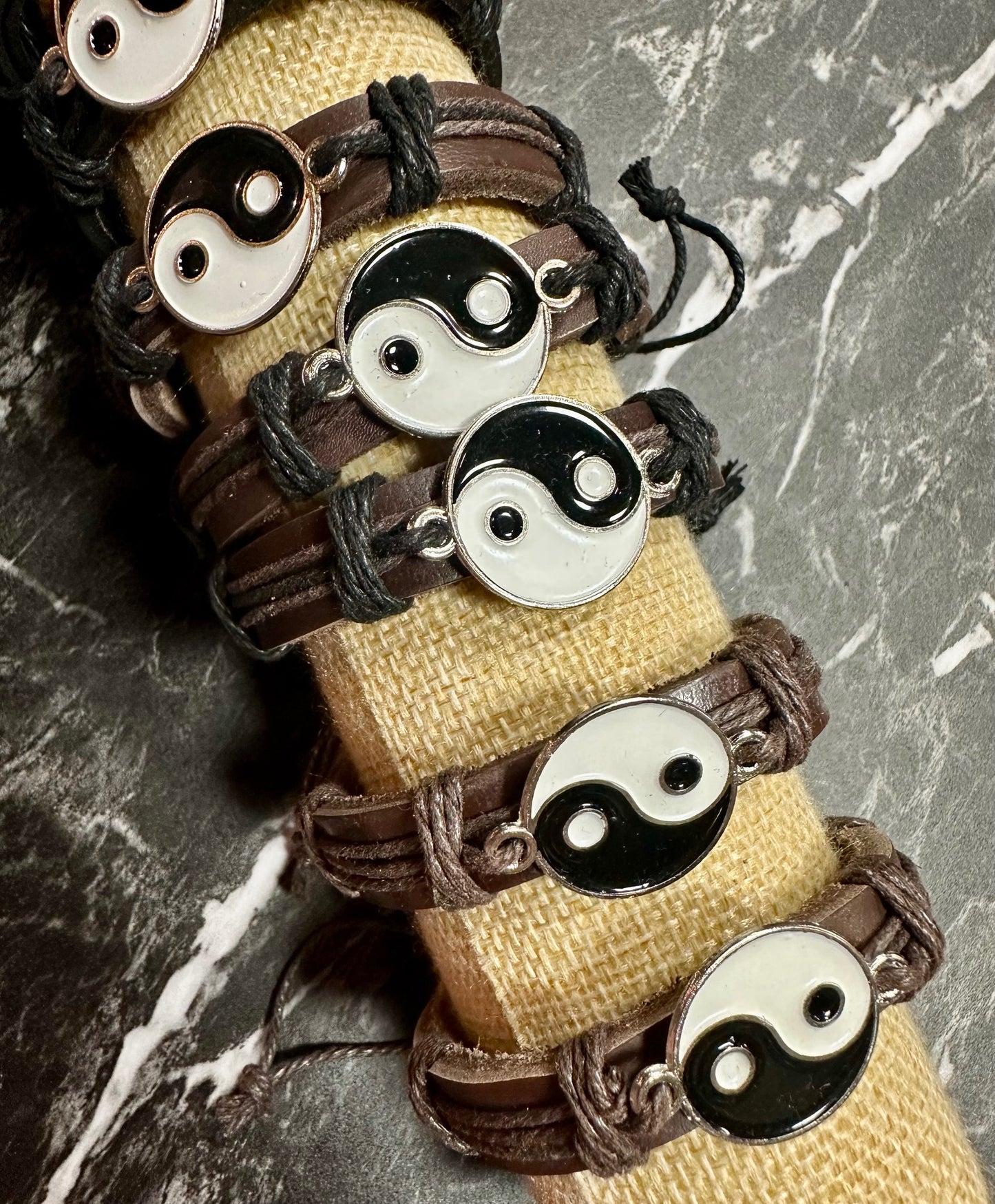 Yin Yang Black/White Leather Bracelet