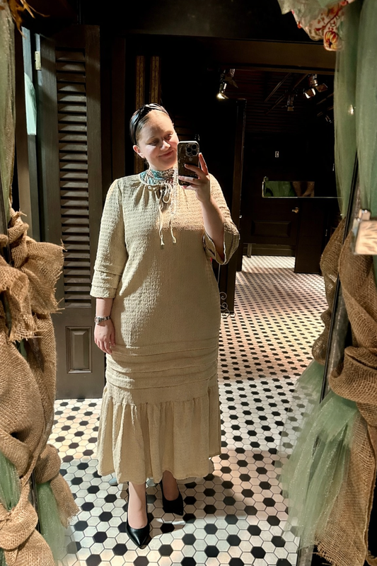 Tan Layered/Ruffled Maxi Dress W/Front Tie