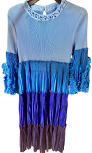 Load image into Gallery viewer, Blue and purple dress with ruffled sleeves and bottom hem on a white background