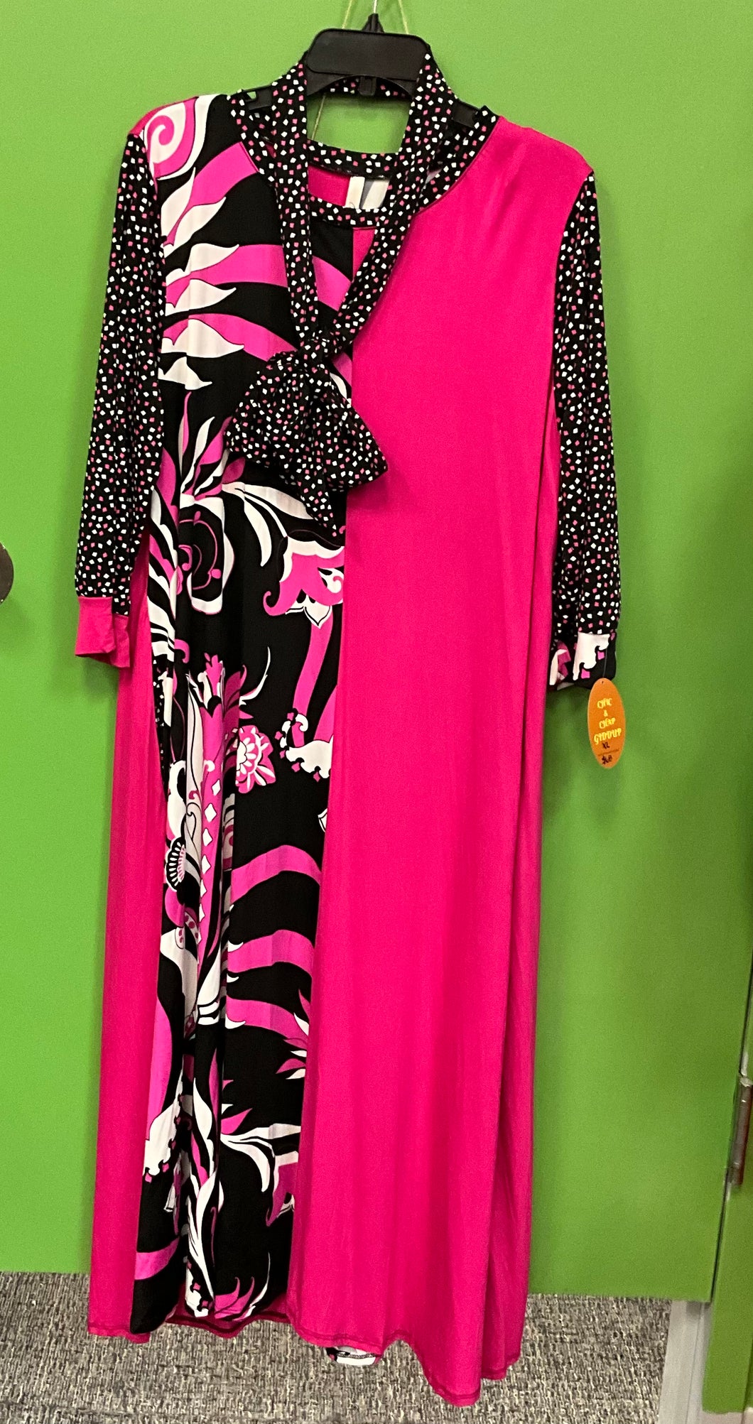 Pink / Black , White Design Dress With Neck or Belt Tie