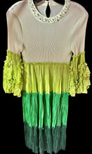 Load image into Gallery viewer, Green and white dress with ruffled sleeves and bottom on a hanger.