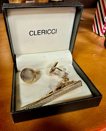 Gold Cuff Links & Tie Clip
