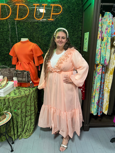 Shiny Peach Organza V-Neck Floral Dress