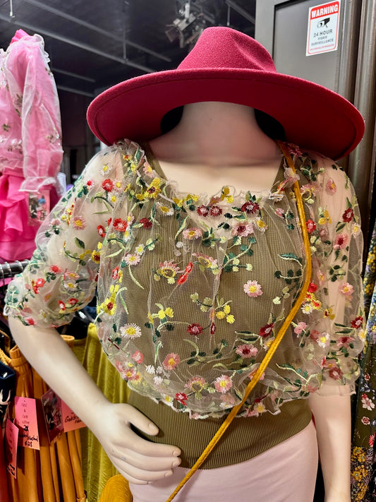 White Floral Mesh Top
