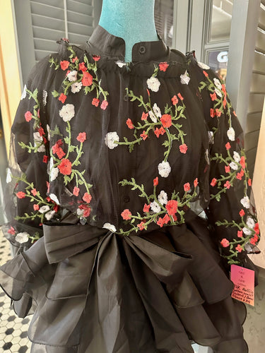 Black W/ Pink & White Flowers Mesh Top