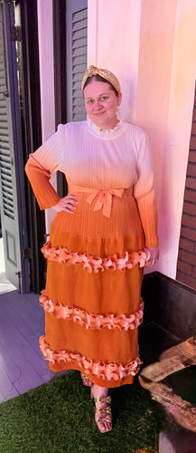 Vibrant Orange & White Maxi Ruffle Dress