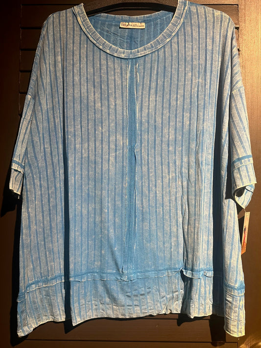 Blue Ribbed Cuffed Sleeve Top