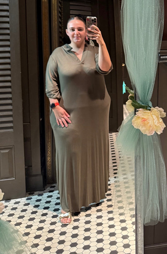 Olive Button Sleeve Maxi Dress