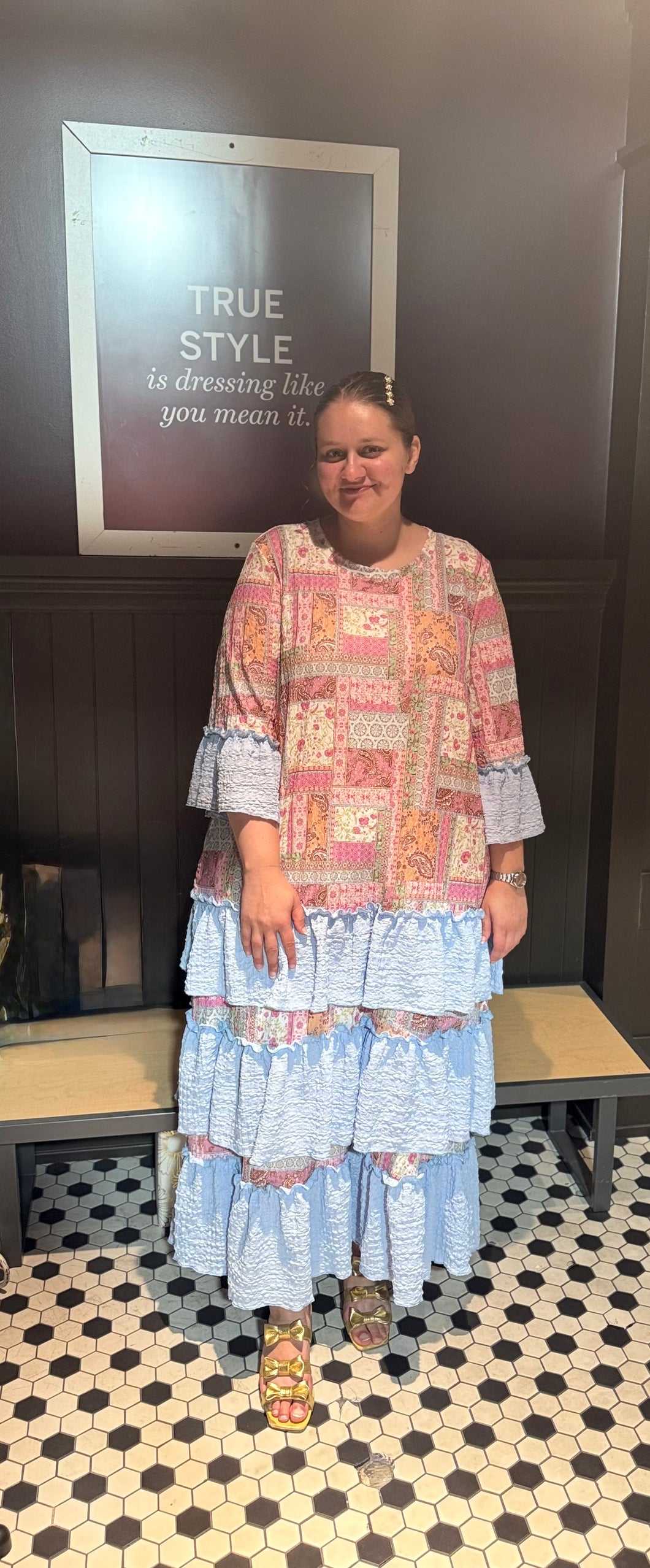 Powder Blue Patchwork Ruffle Dress