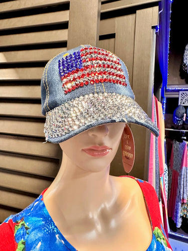 American Flag Glitzy/Blingy Denim Baseball Hat