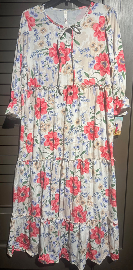 Cream/Tan Floral Dress W/ Bold Colors