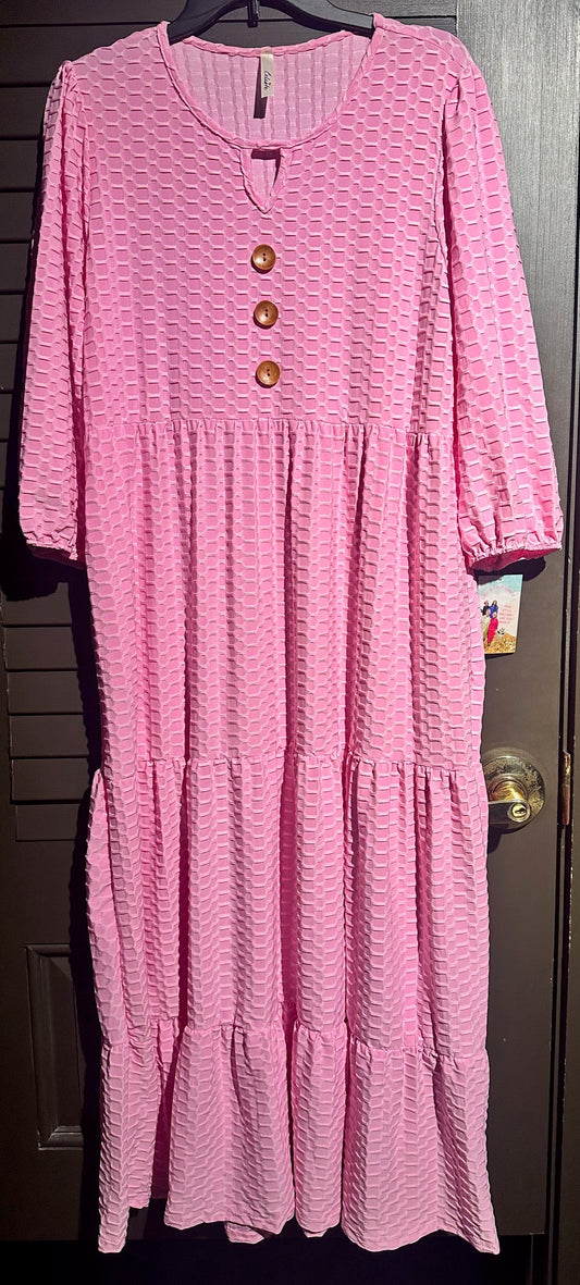 Pink Waffleknit Dress W/Front Bottons