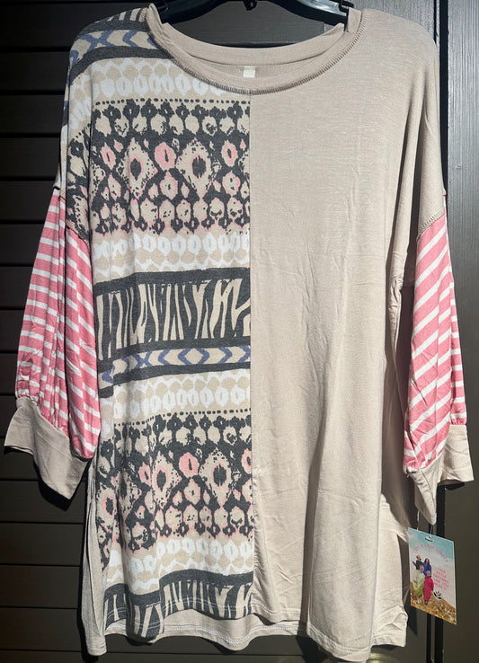 Tan Multi-Patterned Striped Sleeve Top