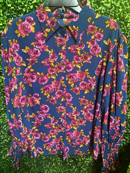 Blue & Purple Floral Button-Up Top
