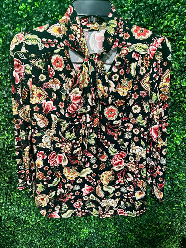 Black Floral Bow Tie Top