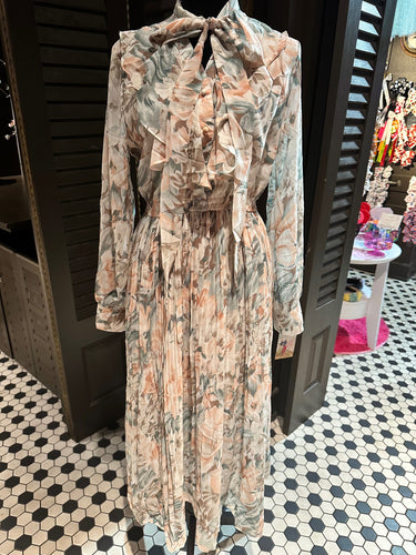 Pink/Green/Brown Floral Pleated Dress