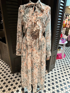 Pink/Green/Brown Floral Pleated Dress