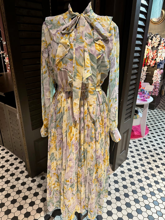 Yellow/Green/Purple Floral Pleated Dress