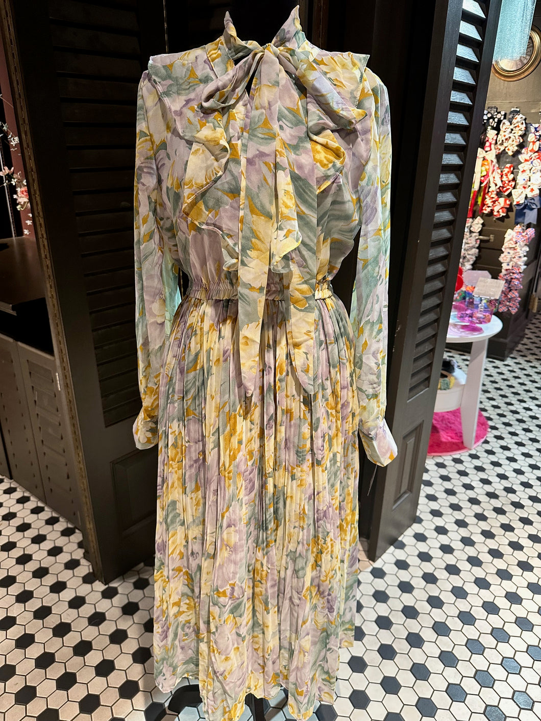 Yellow/Green/Purple Floral Pleated Dress