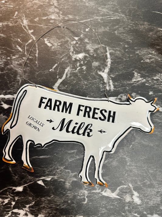 "Farm Fresh Milk" Metal Cow Sign