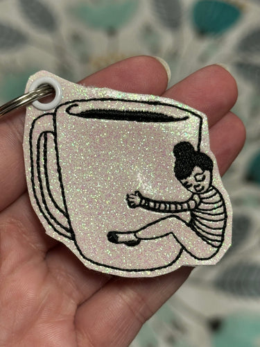 Girl Hugging Coffee Mug Keychain