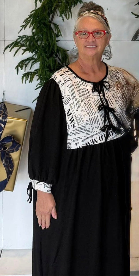 Black & White Newspaper Print Dress (Plus Size)