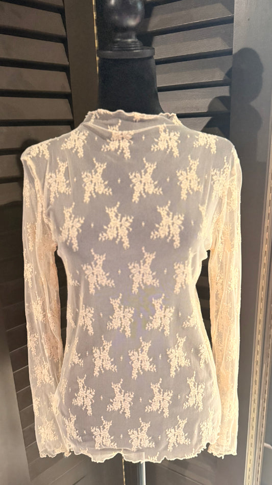 Cream Lace Mesh Overlay Top