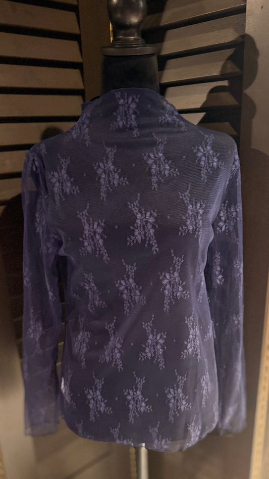 Navy Blue Mesh Lace Overlay Top
