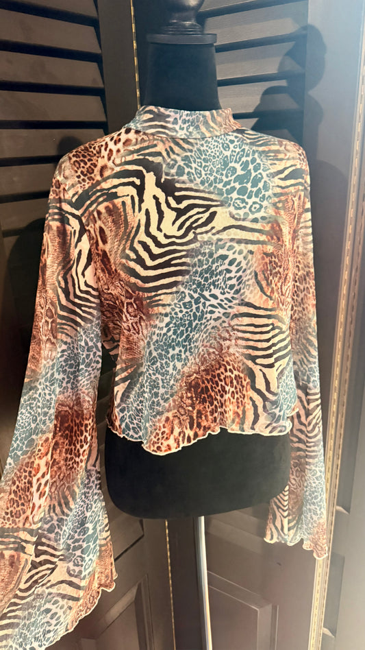 Blue Animal Print Mesh Top W/ Bell Sleeves