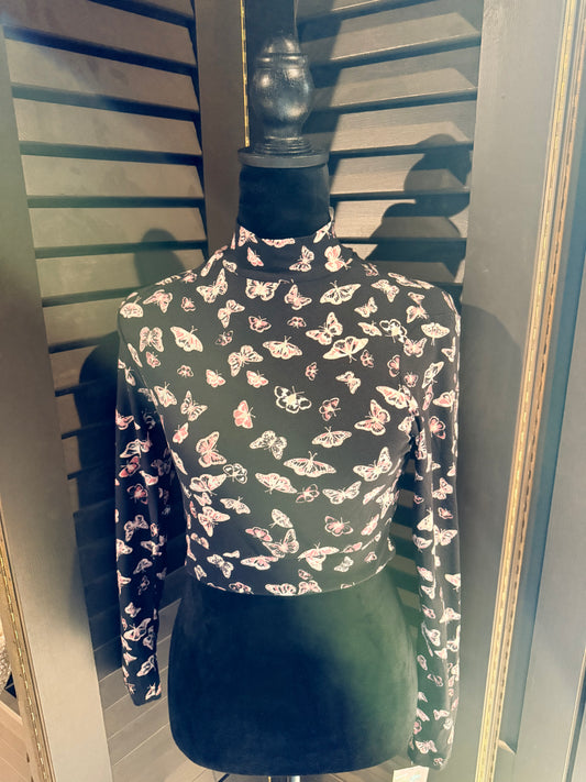 Black & Pink Butterfly Crop Top Turtleneck