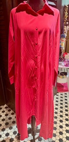 Long Sleeve High-Low Pink Shirt Dress