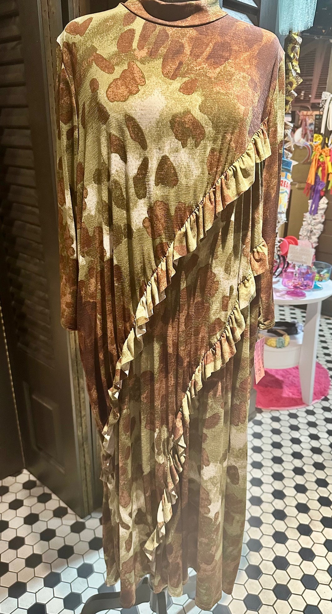 Camo Print Front Ruffle Maxi Dress