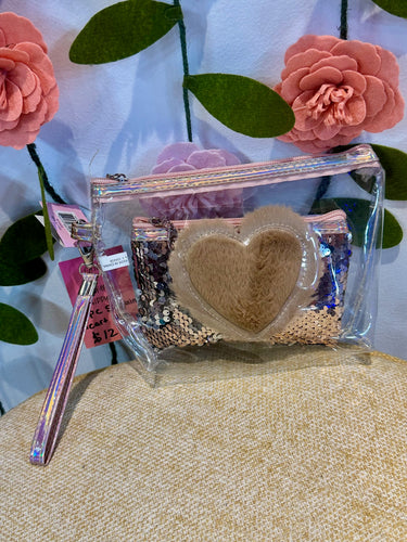 Clear 2-Piece Pouch Set W/ Fuzzy Heart