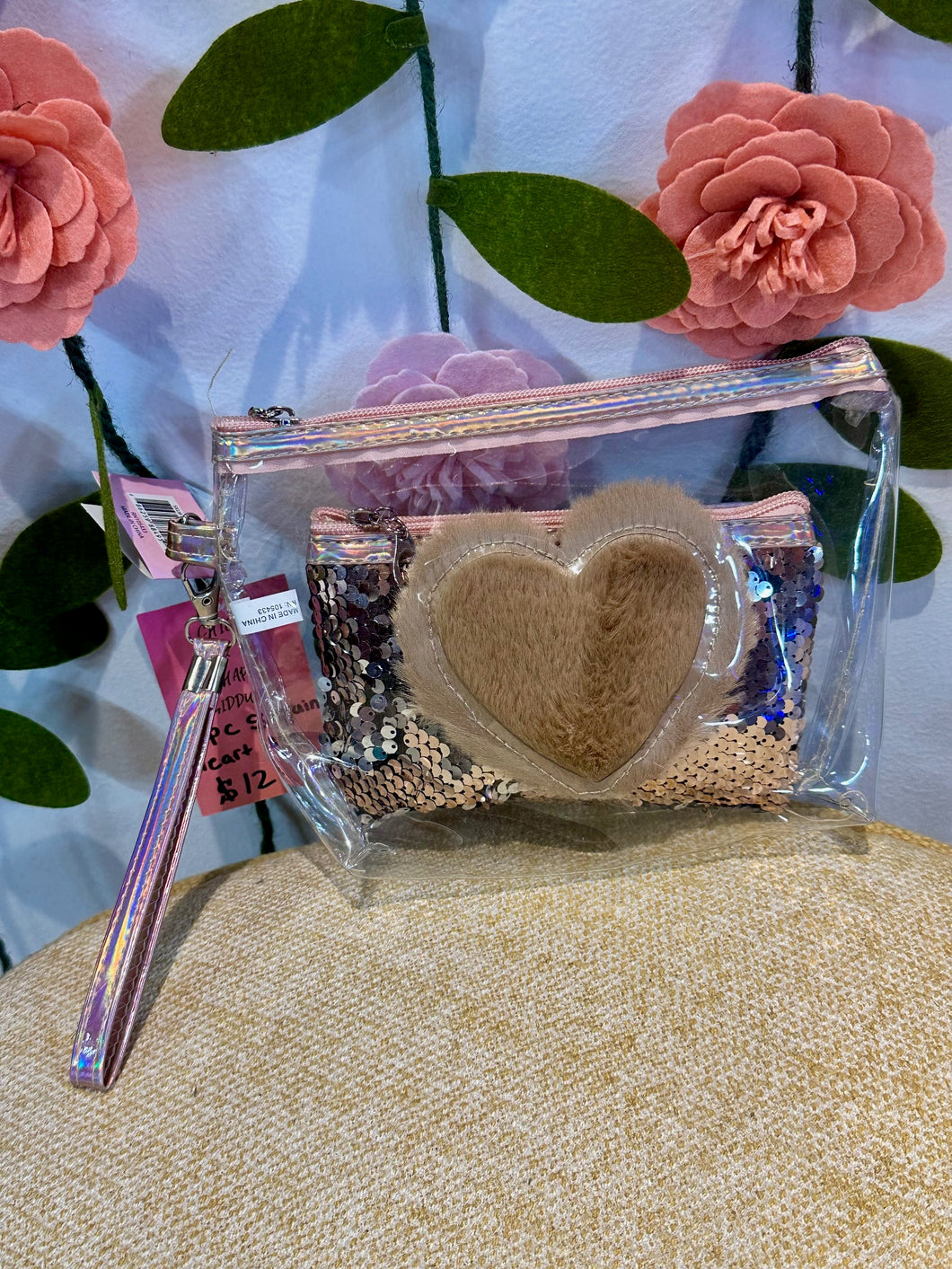Clear 2-Piece Pouch Set W/ Fuzzy Heart