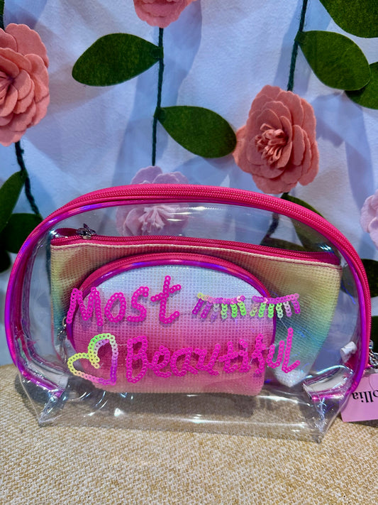 Clear "Most Beautiful" 3-Peice Cosmetic Hair Bag Set