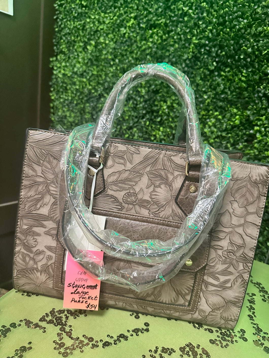 Brown Vegan Leather Embossed Large Bag