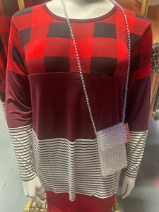 Buffalo Plaid & Striped Colorblock Top