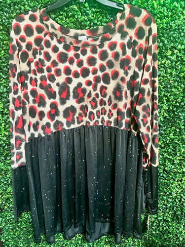 Red Leopard & Glittery Peplum Plus Size Top