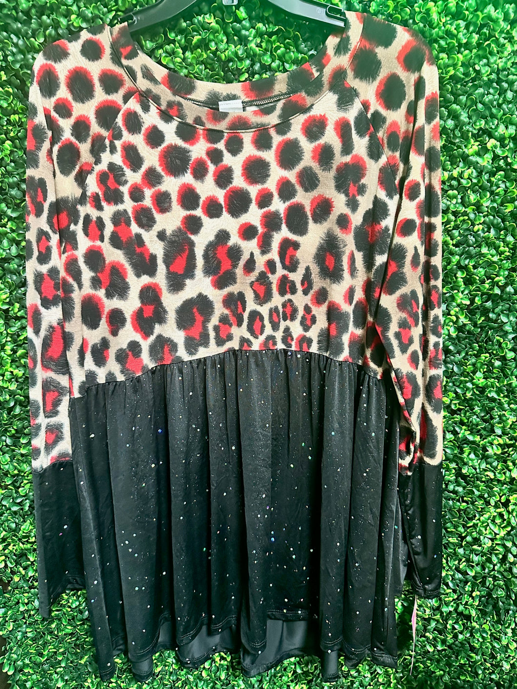 Red Leopard & Glittery Peplum Plus Size Top