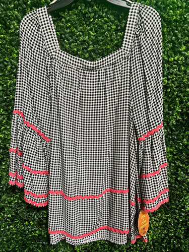Gingham Red Scalloped Square Neck Top