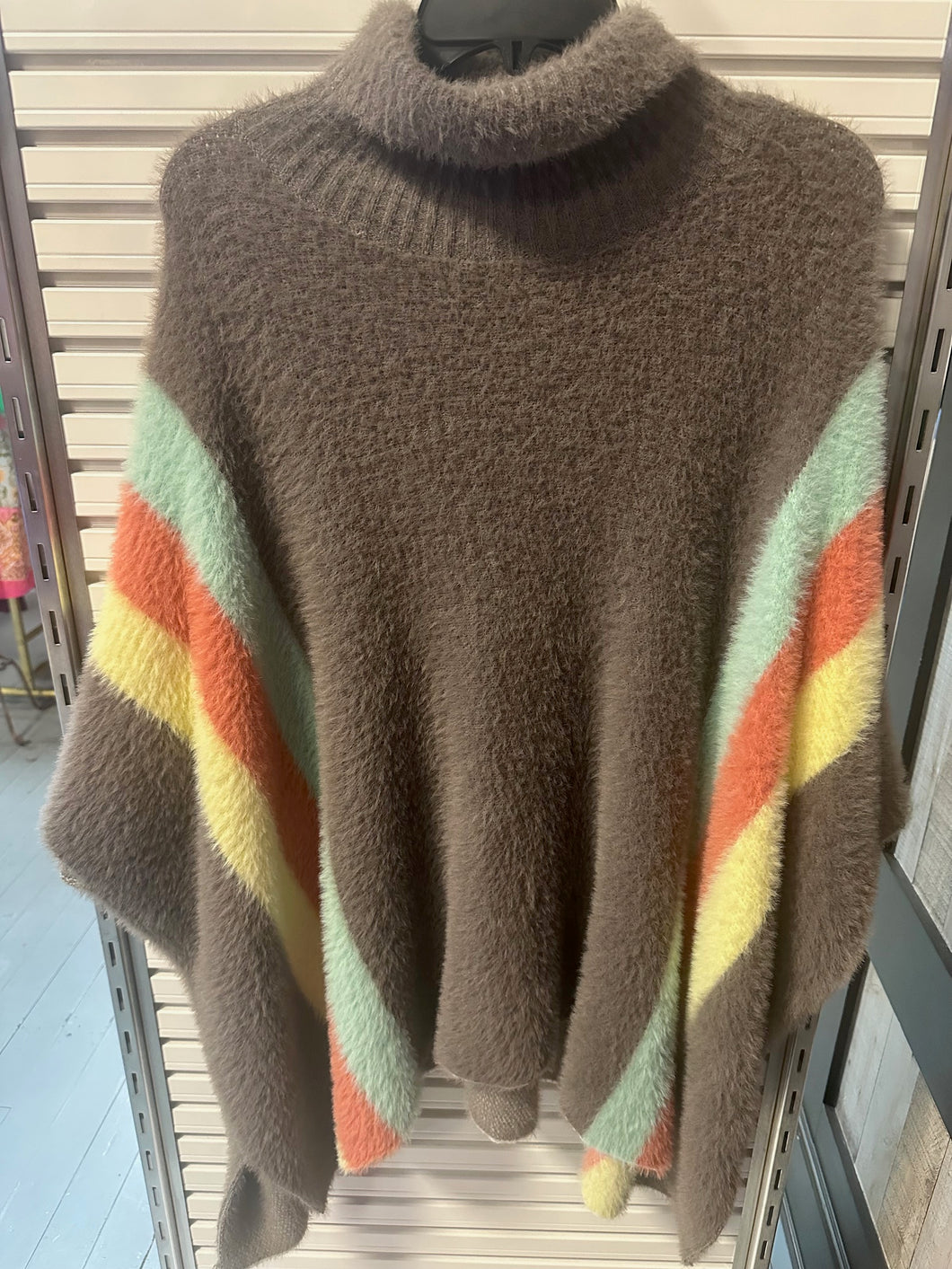 Gray Striped Fuzzy Poncho Sweater Plus Size