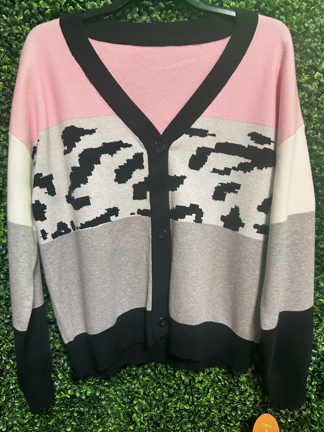 Pink/Black Cow Print Colorblock Sweater