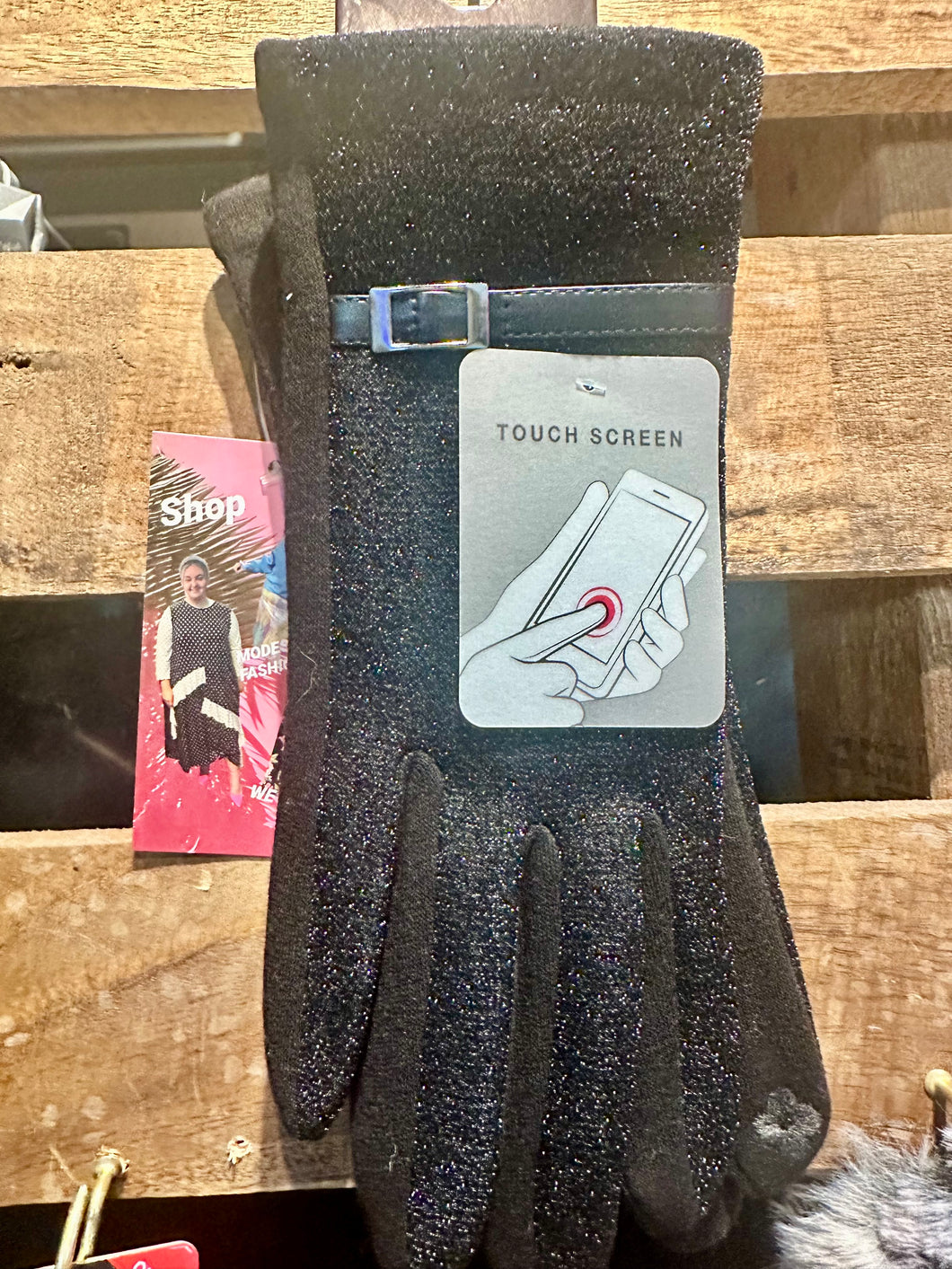 Black Shimmery Buckle Gloves