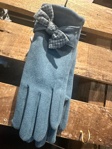 Blue Rhinestone Bow Gloves