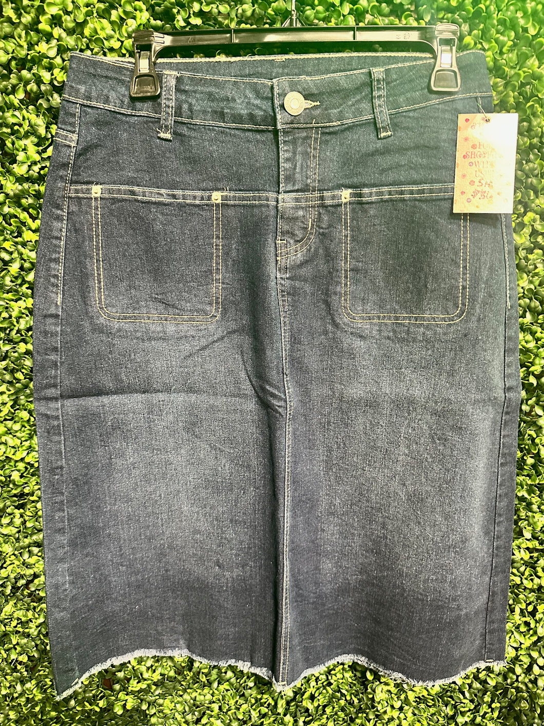 Front Pocket Raw Edge Midi Denim Skirt