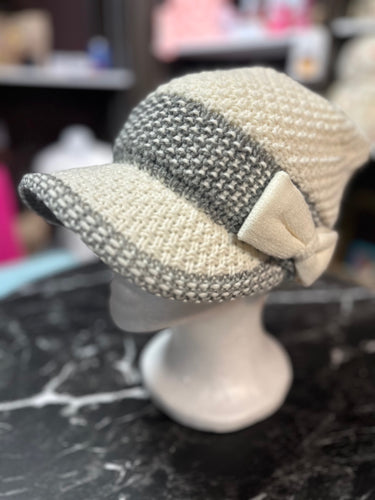 Knit White & Grey Bow Beanie Hat