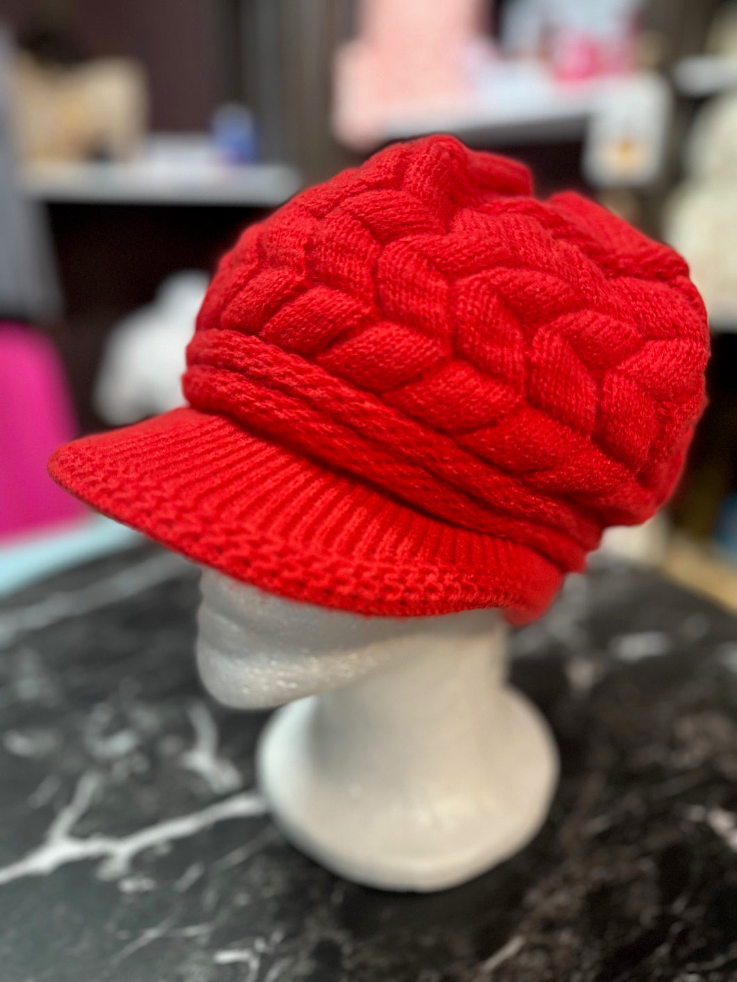 Red Knit Braided Beanie Hat