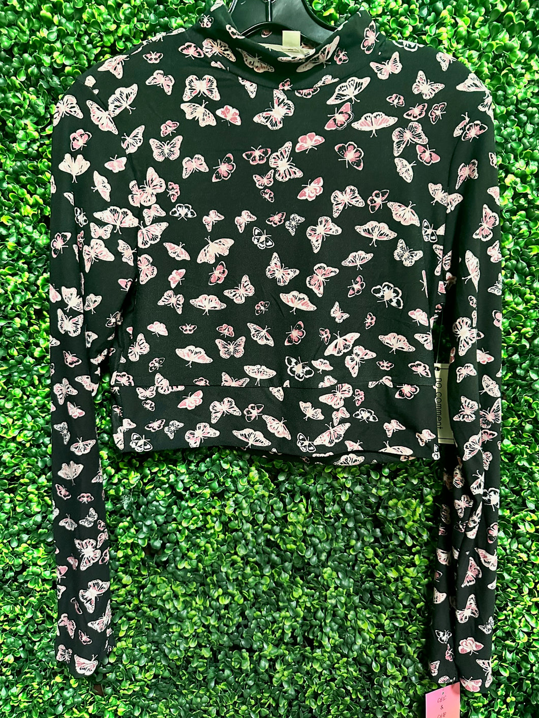 Black & Pink Butterfly Crop Top Turtleneck