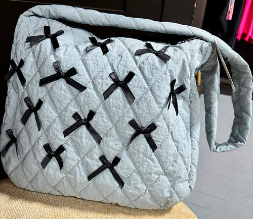 Quilted Nylon Blue Bow Shoulder/Tote Bag