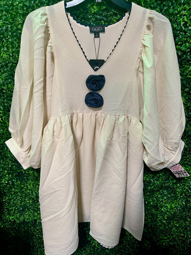 Cream/Navy Bubble Scalloped Dress